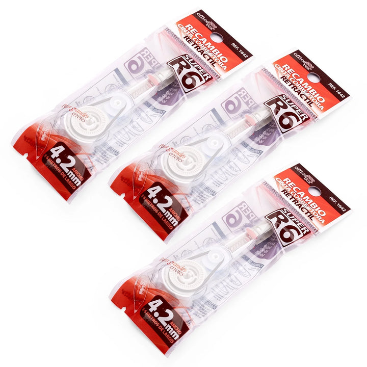 SDI Super R6 + 3 Recambios - Cinta Correctora Retráctil y Recargable de 4.2 mm de Ancho. Rojo