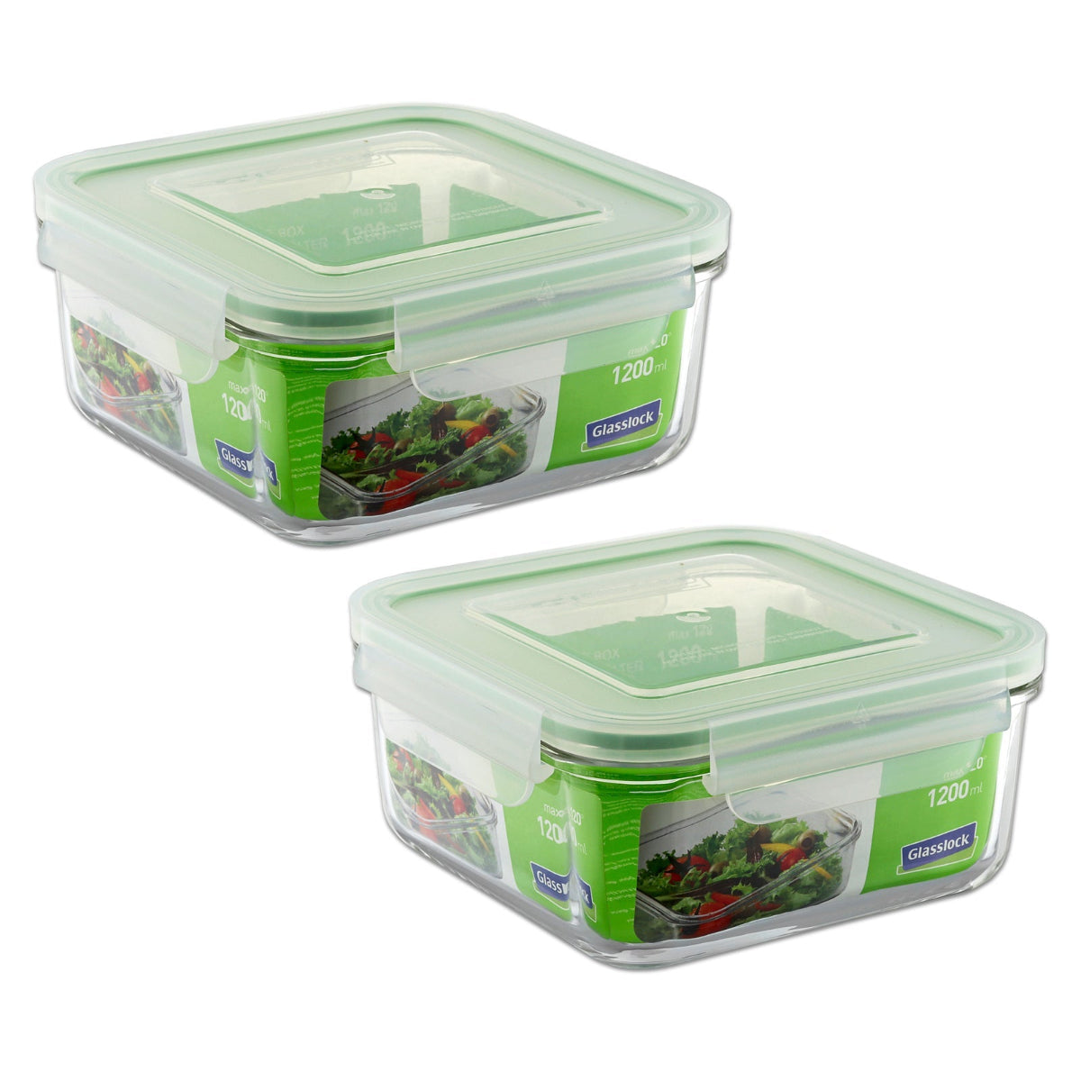 Glasslock Classic - Set de 2 Recipientes Herméticos Cuadrados de 1.2L en Vidrio Templado