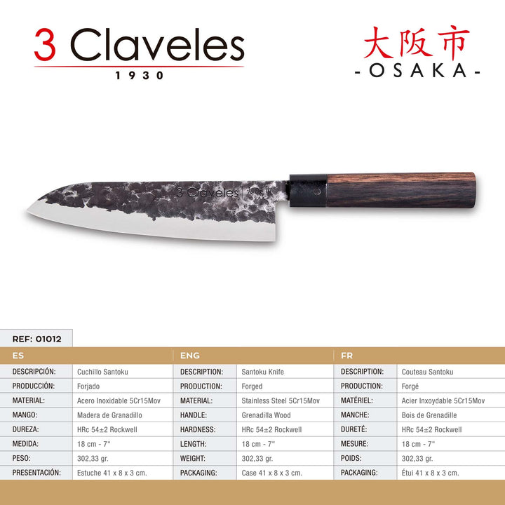 3 Claveles Osaka - Cuchillo Santoku 18 cm de Estilo Asiático Forjado a Mano