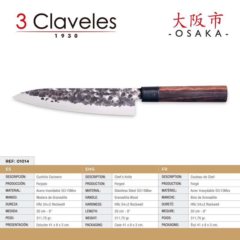 3 Claveles Osaka - Cuchillo Cocinero 20 cm de Estilo Asiático Forjado a Mano