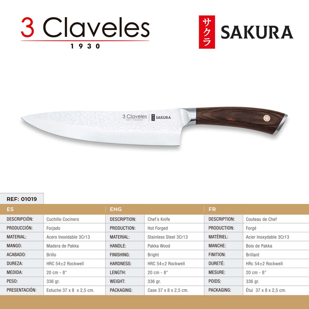 3 Claveles Sakura - Cuchillo Cocinero 20 cm Acero Forjado con Hoja Martilleada