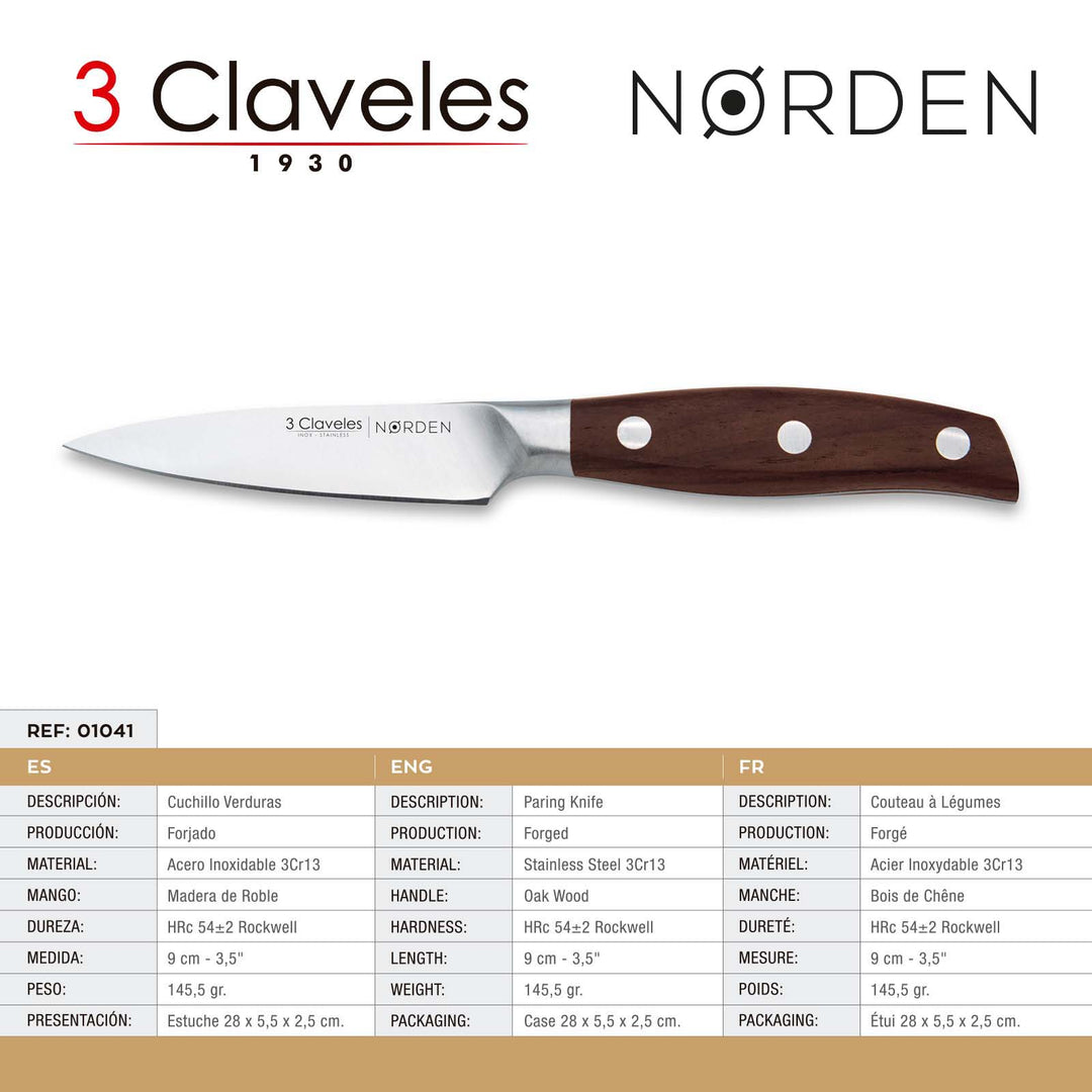 3 Claveles Norden - Cuchillo Verduras Profesional 9 cm Acero Forjado y Mango de Roble