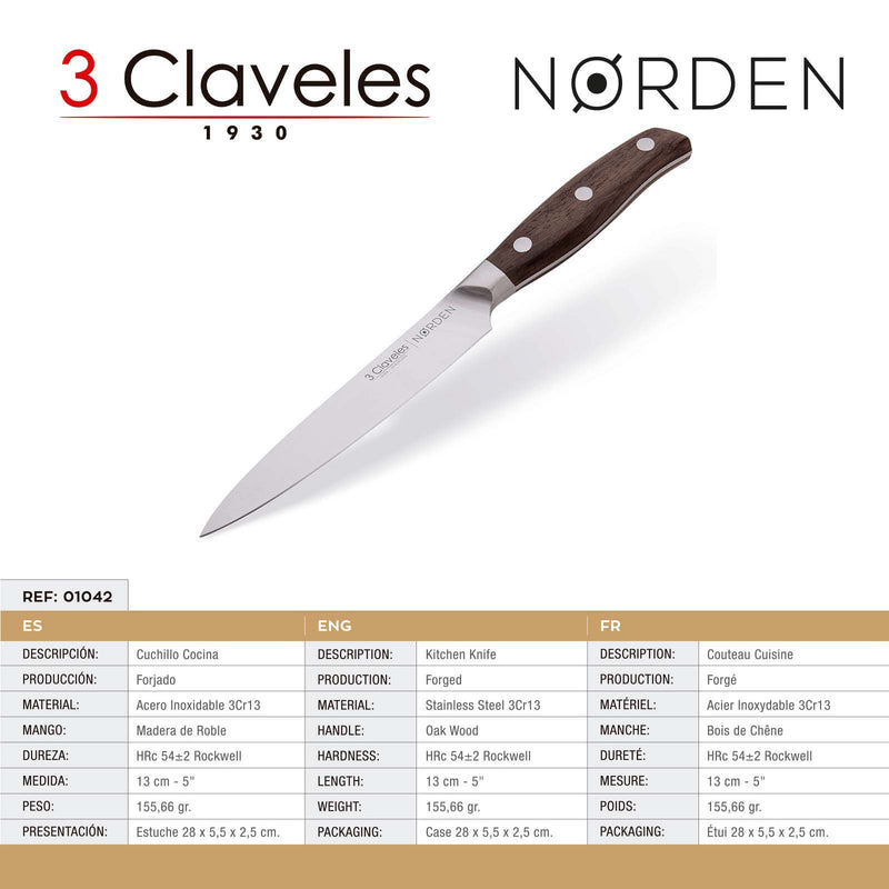 3 Claveles Norden - Cuchillo Cocina Profesional 13 cm Acero Forjado y Mango de Roble