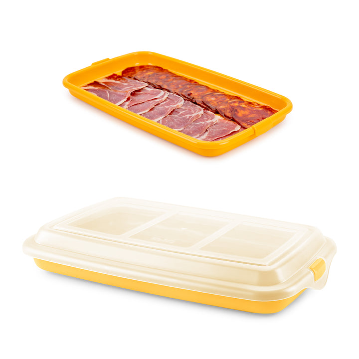 IBILI Deli - Recipiente Rectangular Apilable con Tapa Porta Embutidos y Alimentos. Amarillo