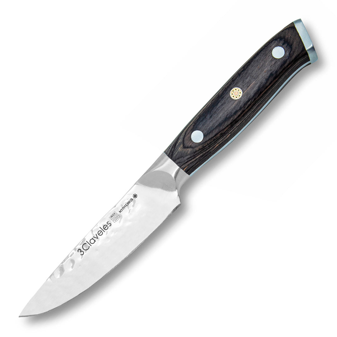 3 Claveles Kimura - Cuchillo Cocina 9 cm Acero Forjado Hoja Martilleada Mango Pakka