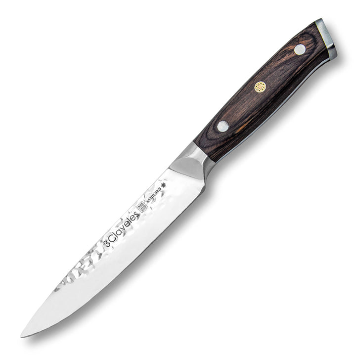 3 Claveles Kimura - Cuchillo Cocina 13 cm Acero Forjado Hoja Martilleada Mango Pakka