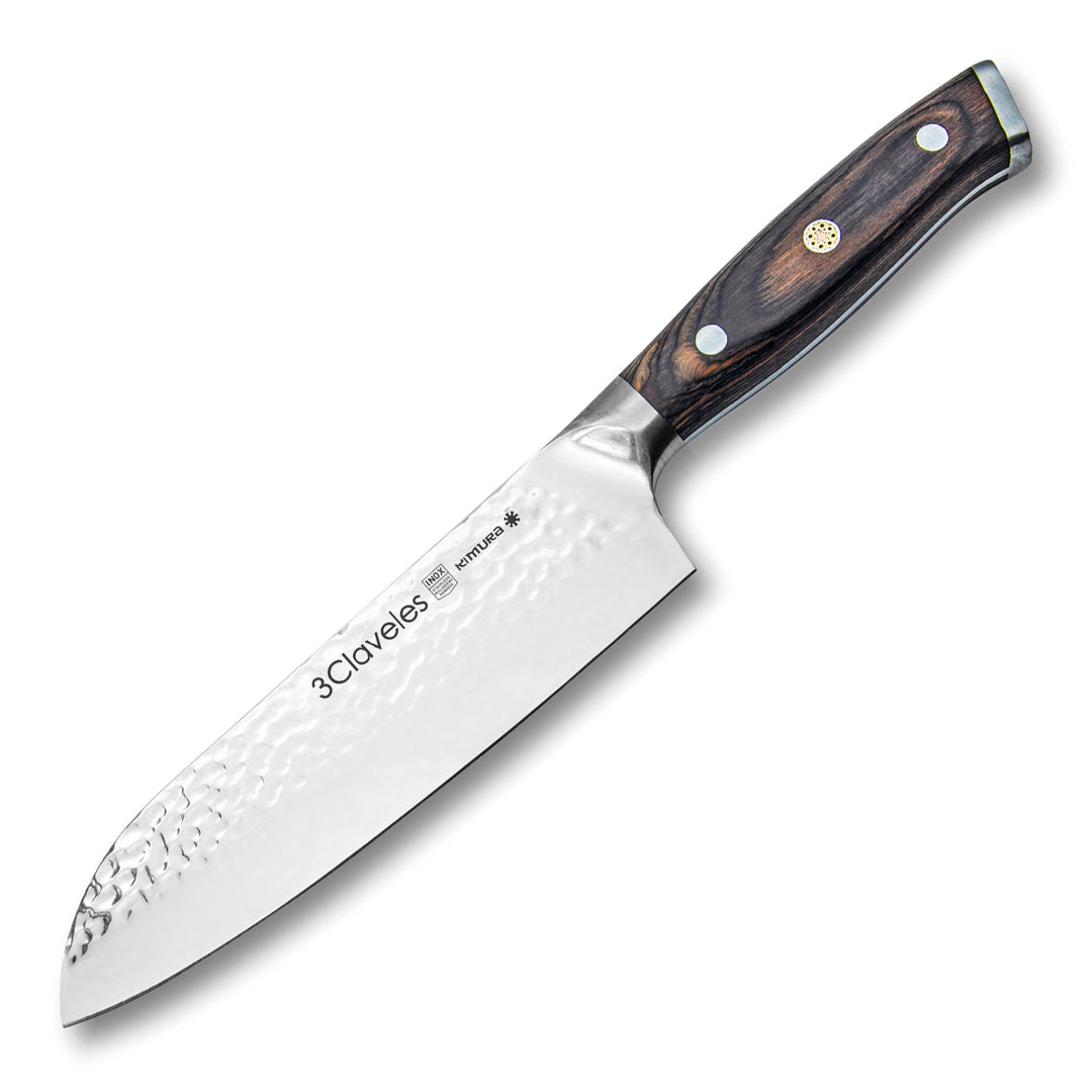 3 Claveles Kimura - Cuchillo Santoku 17.5 cm Acero Forjado Hoja Martilleada Mango Pakka