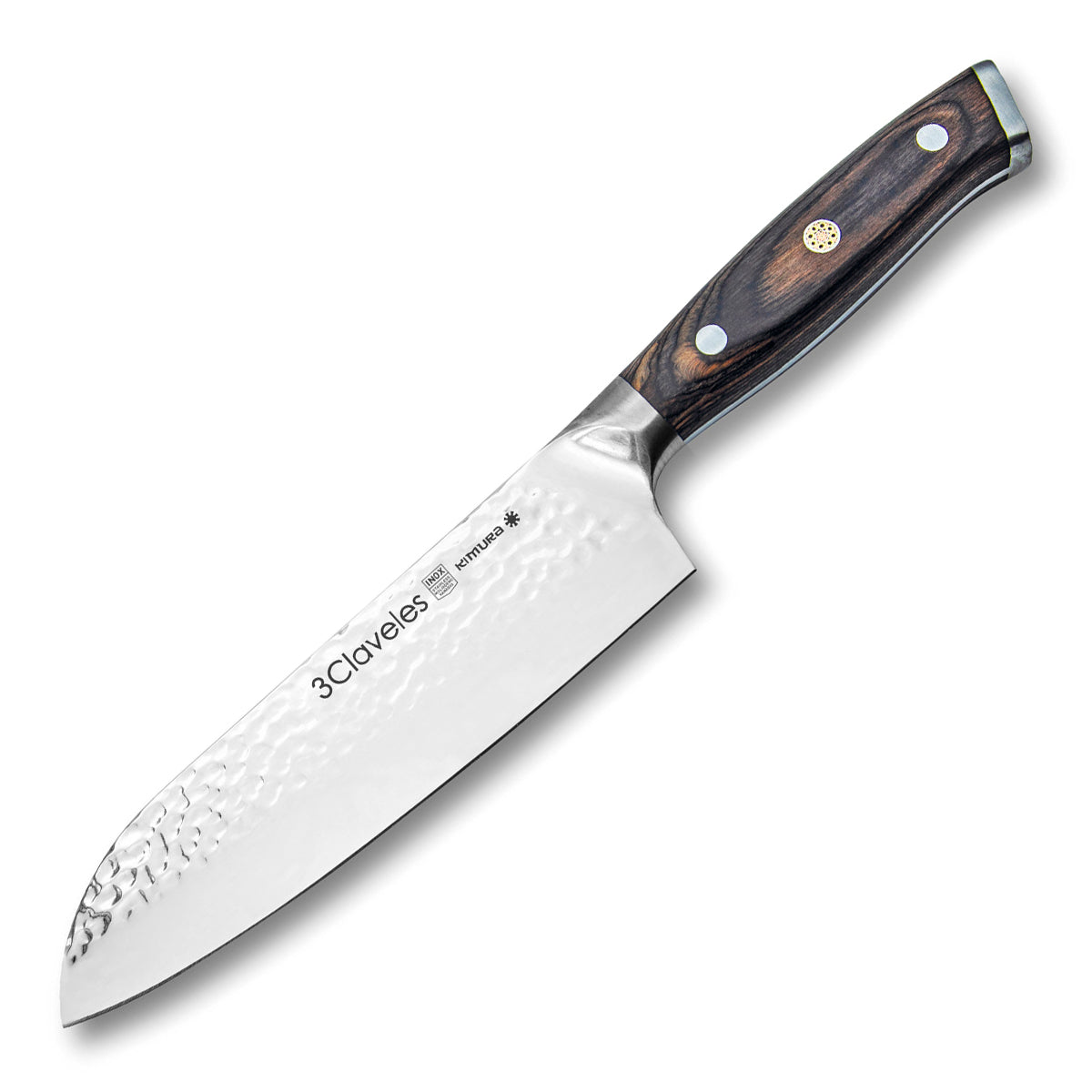 3 Claveles Kimura - Cuchillo Santoku 17.5 cm Acero Forjado Hoja Martilleada Mango Pakka