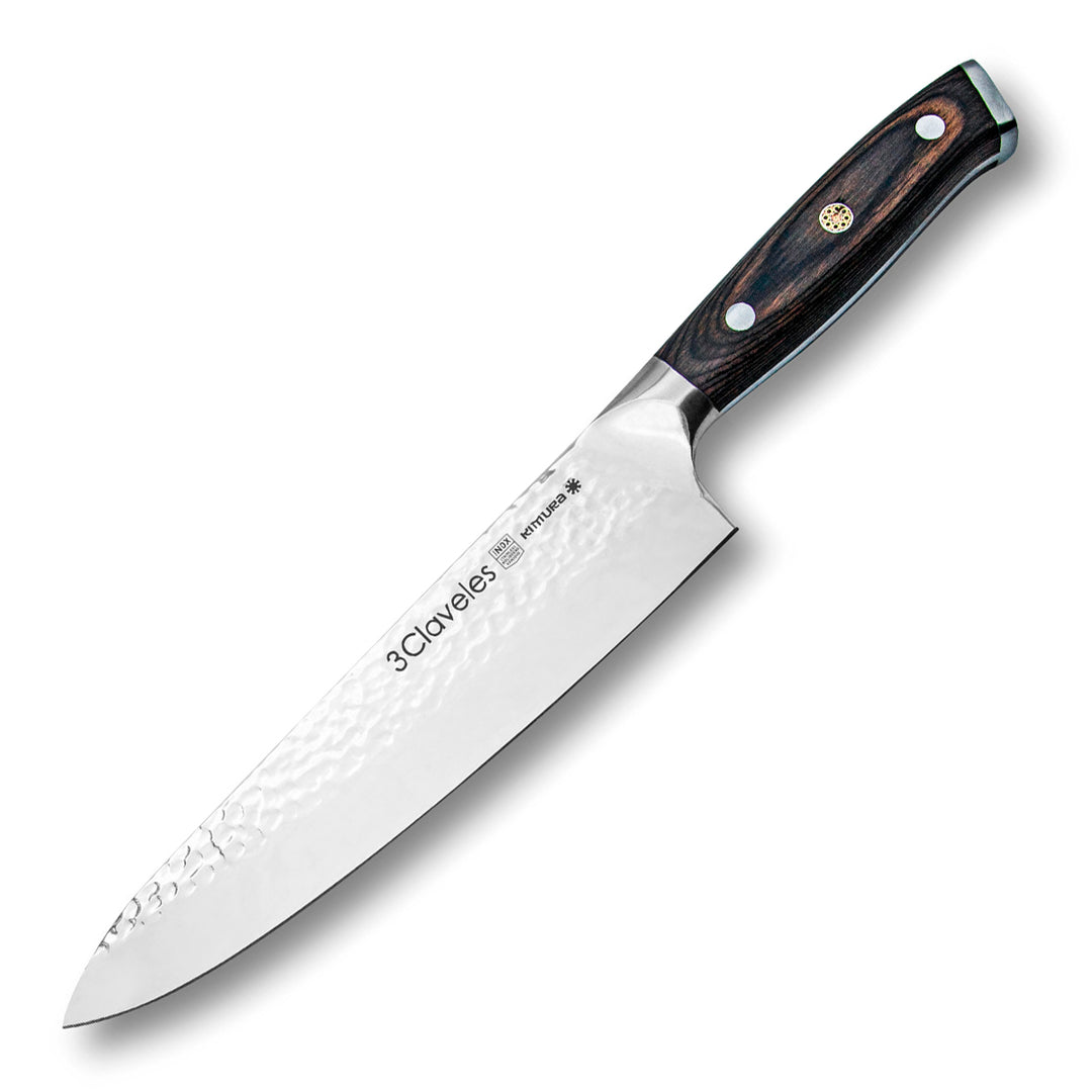 3 Claveles Kimura - Cuchillo Cocinero 20 cm Acero Forjado Hoja Martilleada Mango Pakka
