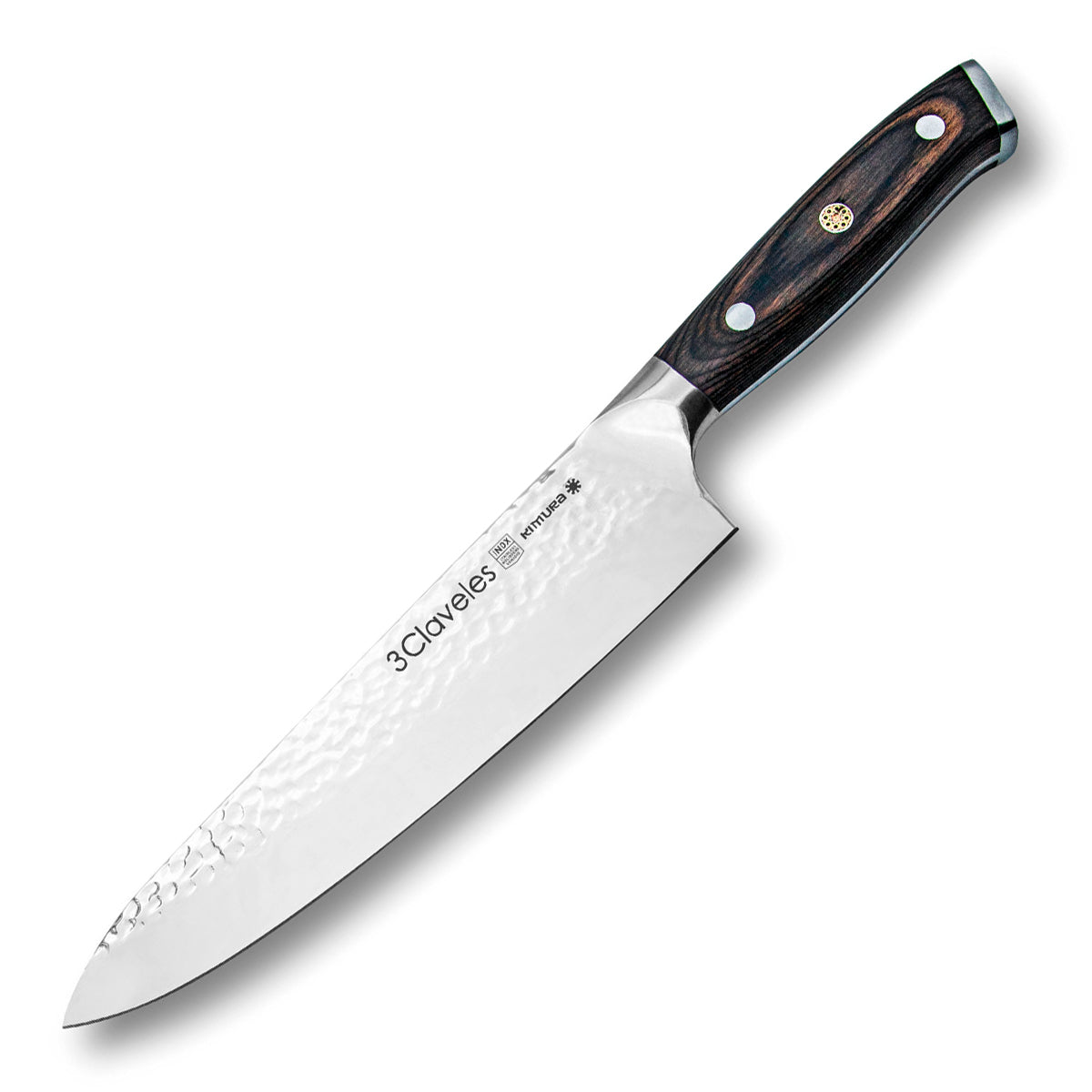 3 Claveles Kimura - Cuchillo Cocinero 20 cm Acero Forjado Hoja Martilleada Mango Pakka