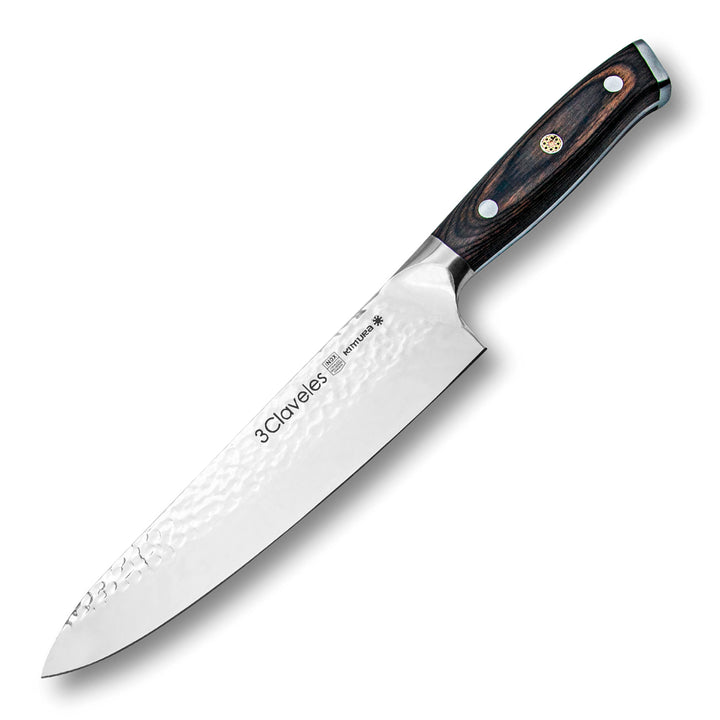 3 Claveles Kimura - Cuchillo Cocinero 20 cm Acero Forjado Hoja Martilleada Mango Pakka