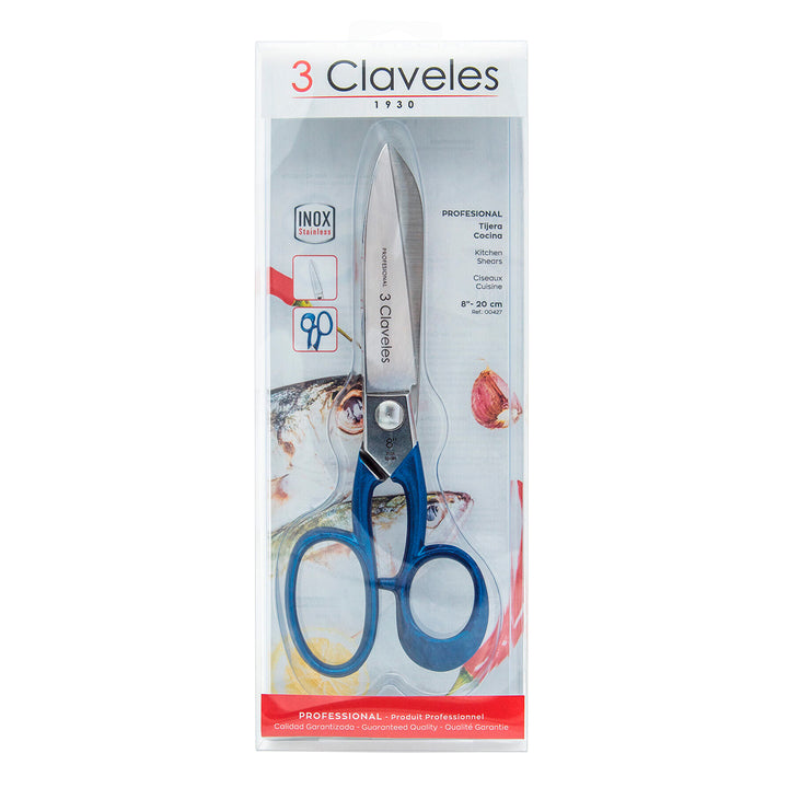 3 Claveles - Tijeras de Cocina Profesionales 8" 20 cm. Acero Forjado en Caliente. Mango Azul