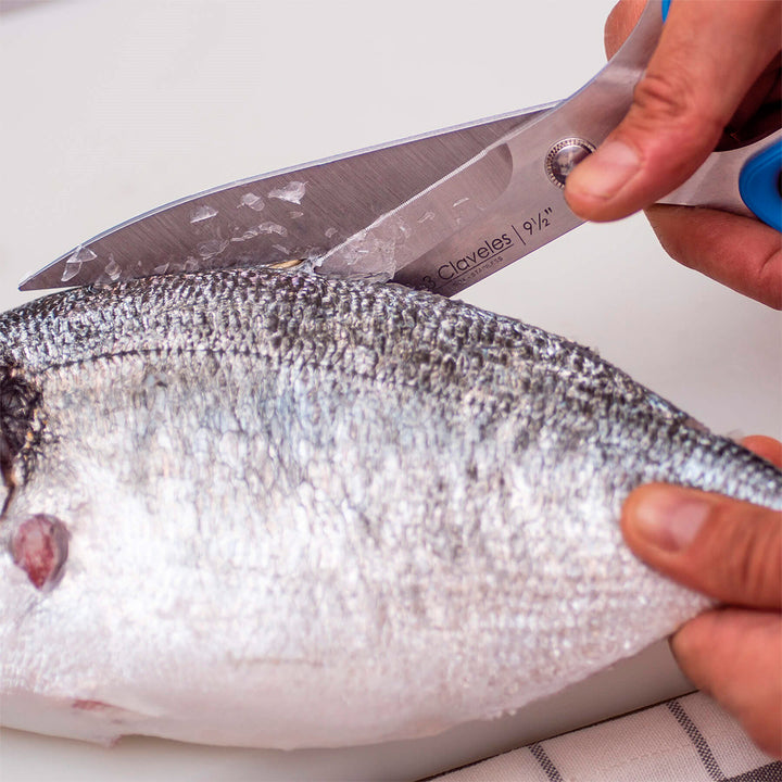 3 Claveles - Tijera Pescado Ergonómica Profesional Micro Dentada de 9.5" 24 cm. Acero Inox.