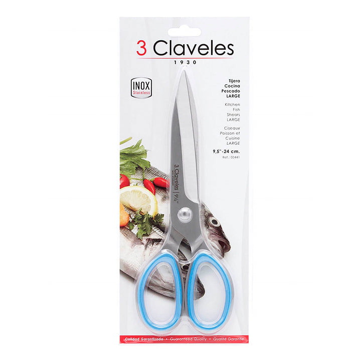 3 Claveles - Tijera Pescado Ergonómica Profesional Micro Dentada de 9.5" 24 cm. Acero Inox.