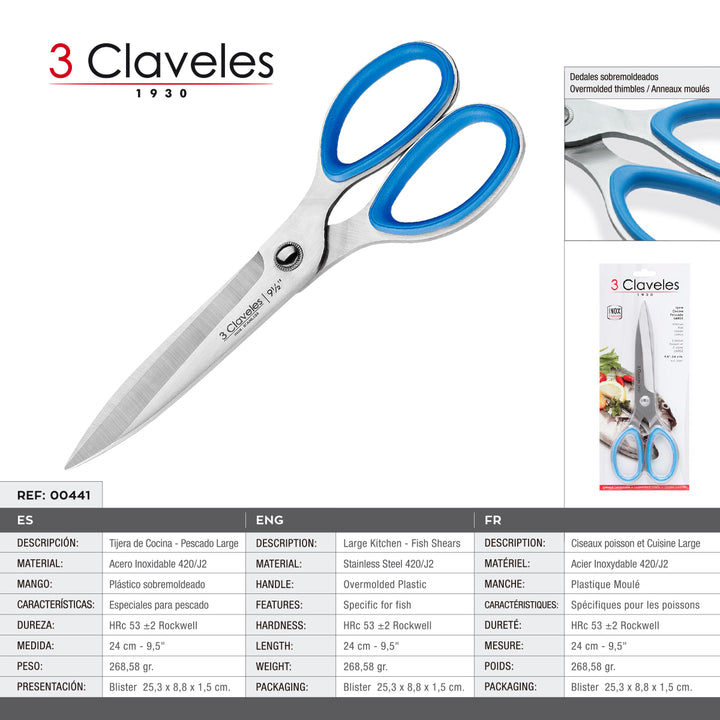 3 Claveles - Tijera Pescado Ergonómica Profesional Micro Dentada de 9.5" 24 cm. Acero Inox.