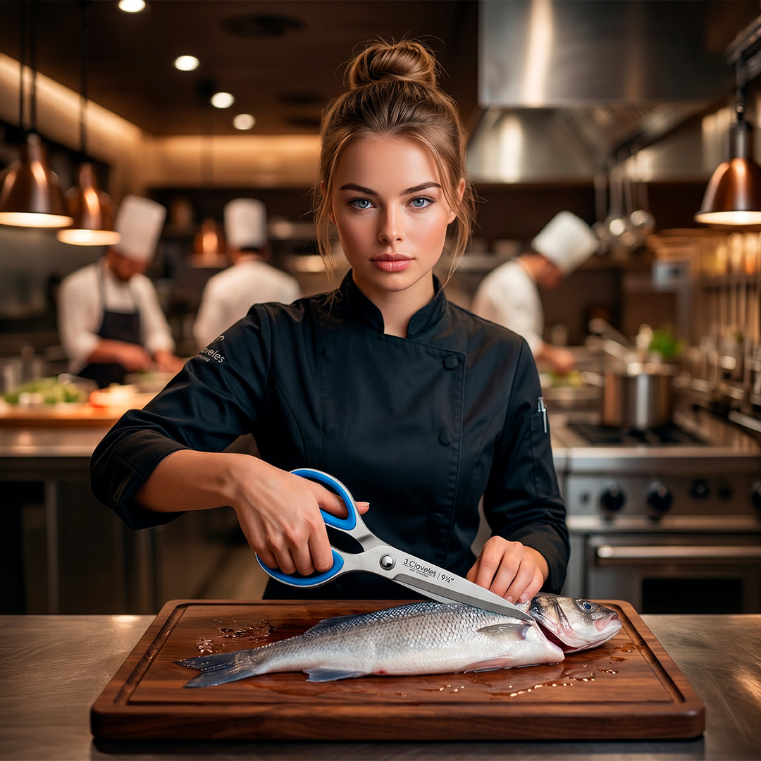 3 Claveles - Tijera Pescado Ergonómica Profesional Micro Dentada de 9.5" 24 cm. Acero Inox.