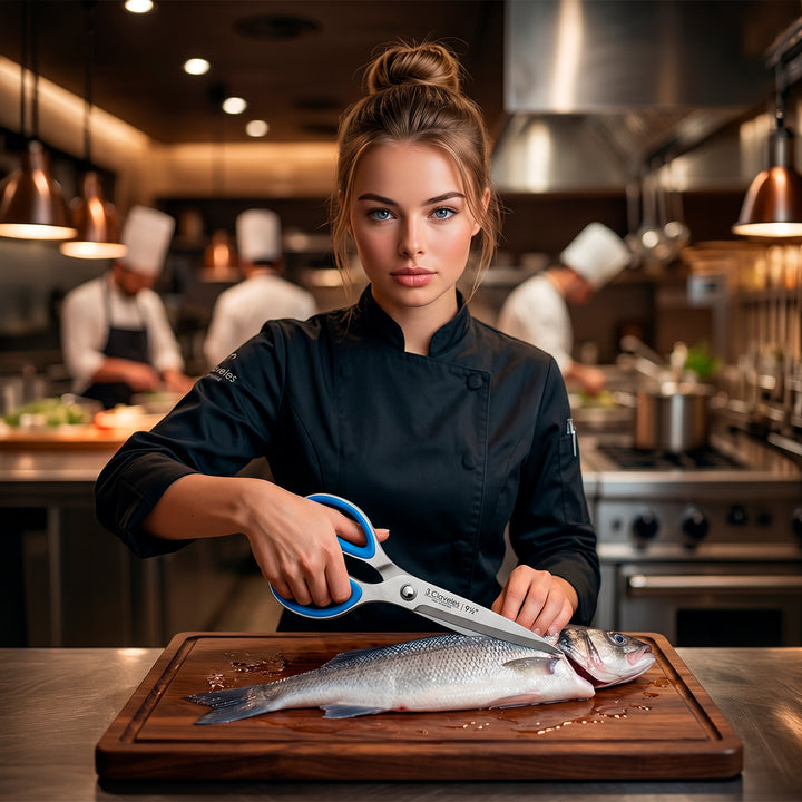 3 Claveles - Tijera Pescado Ergonómica Profesional Micro Dentada de 9.5" 24 cm. Acero Inox.