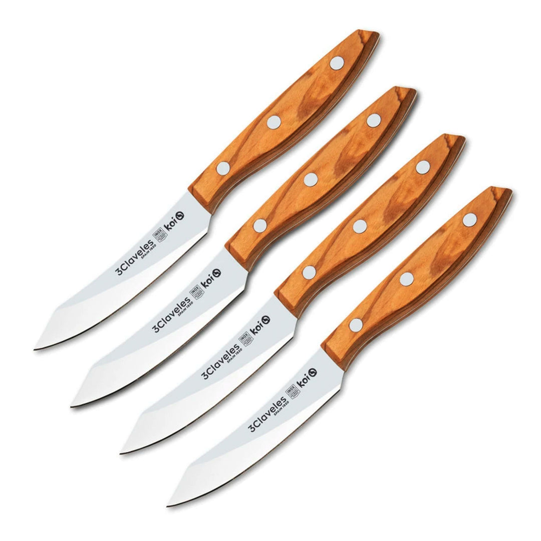 3 Claveles Koi - Set de 4 Cuchillos Chuleteros Lisos 11.5 cm en Acero Inox. Mango Olivo