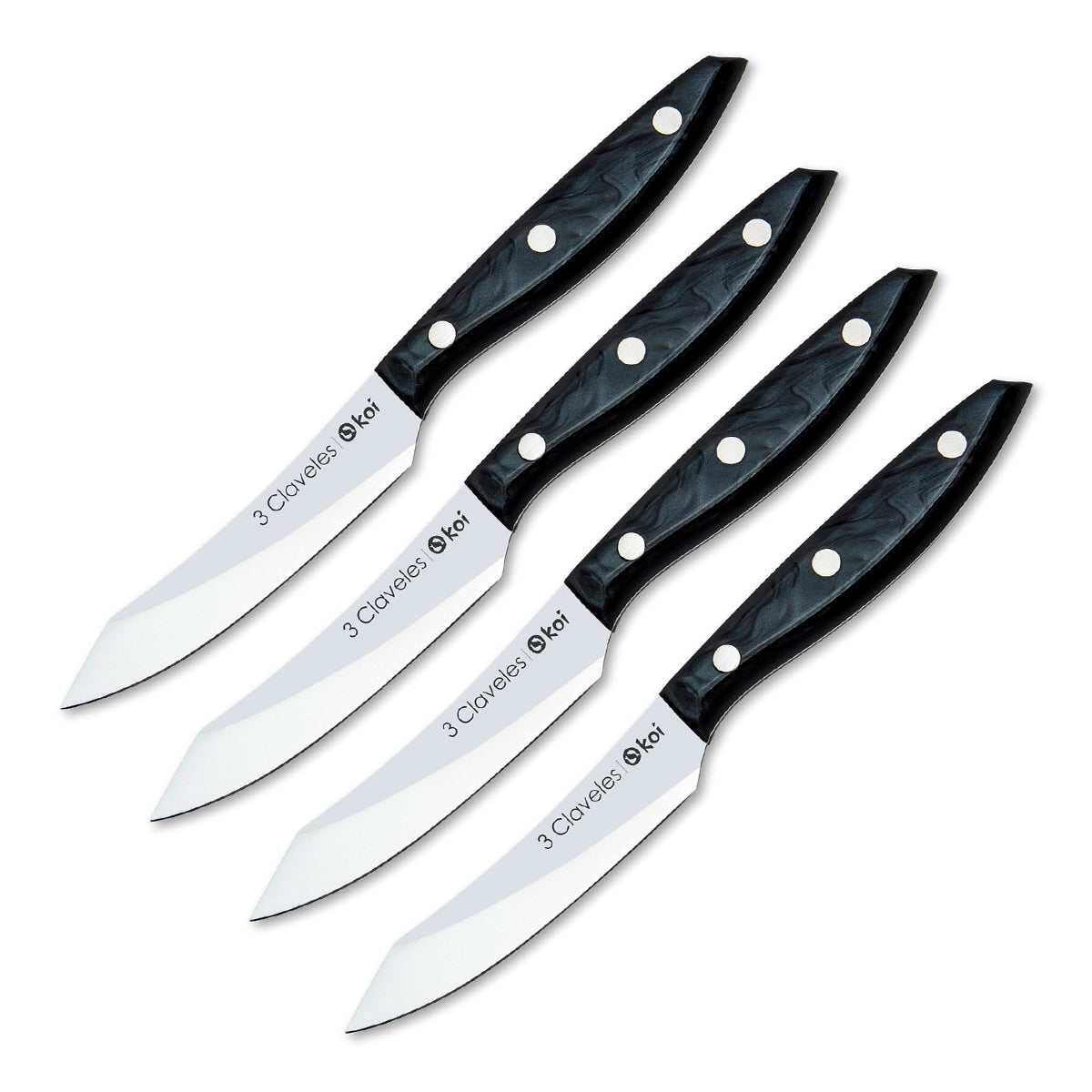 3 Claveles Koi - Set de 4 Cuchillos Chuleteros Lisos 11.5 cm en Acero Inox. Mango Negro