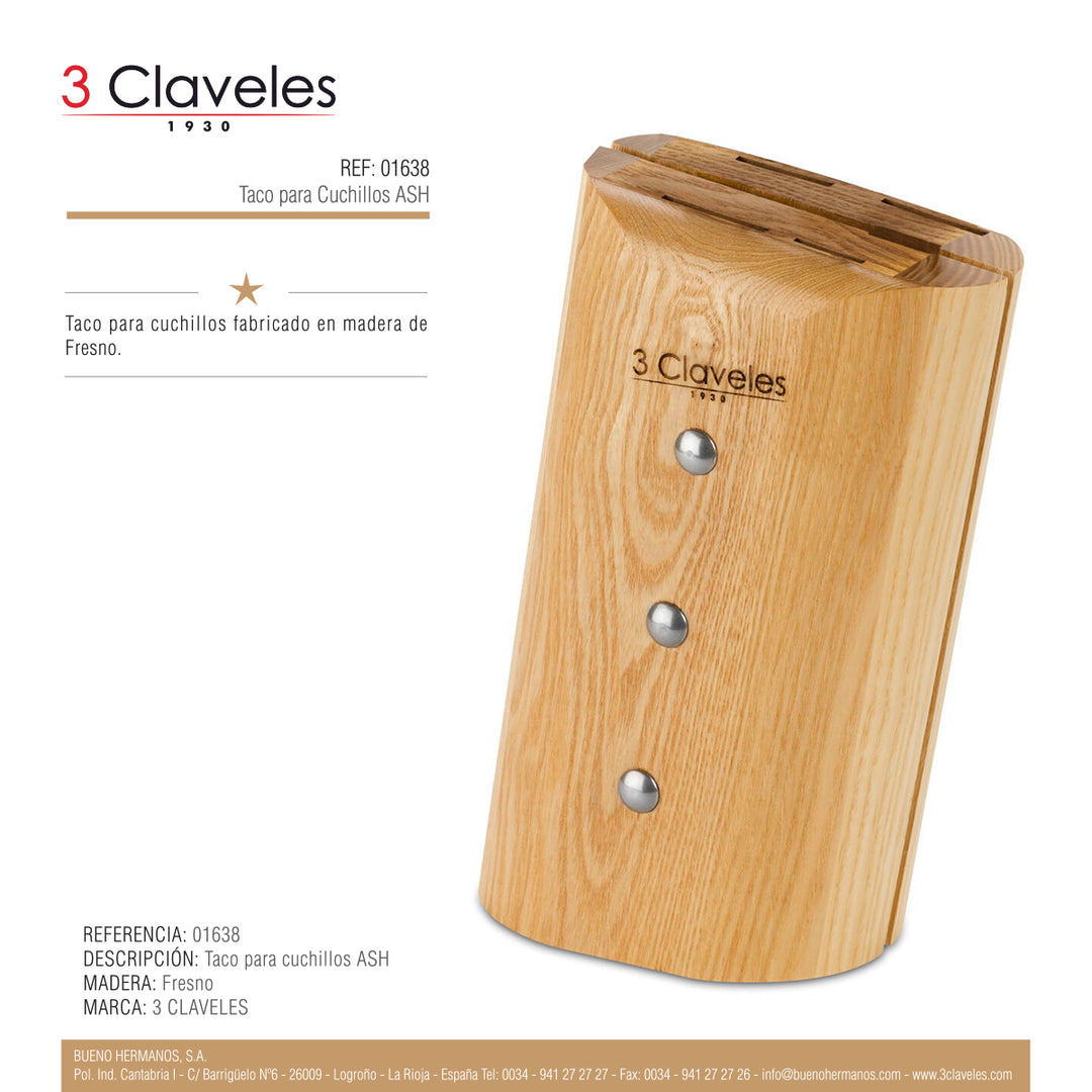 3 Claveles - Taco para Cuchillos de hasta 25 cm y Tijeras Universal ASH Madera de Fresno