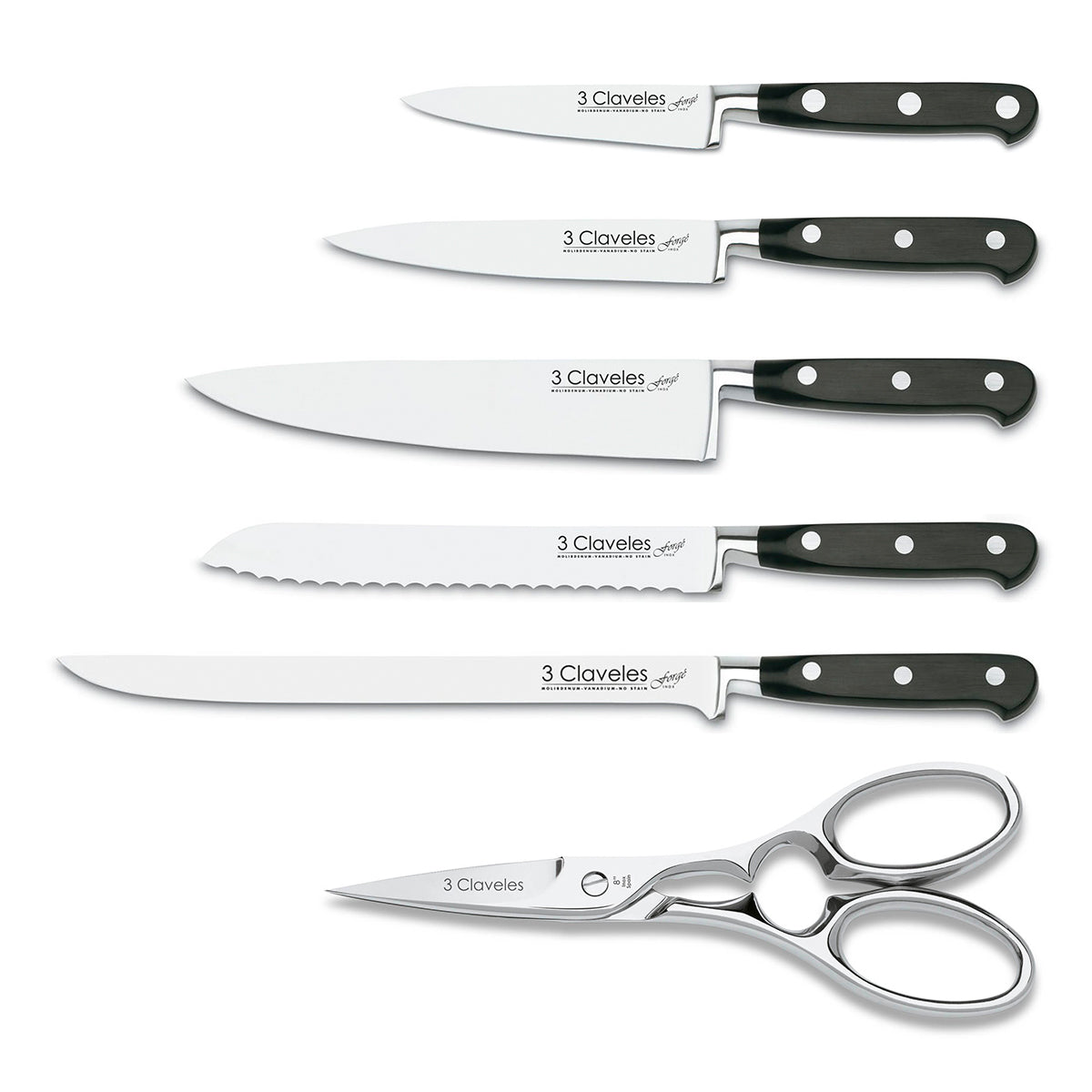 3 Claveles Forgé - Juego de 5 Cuchillos de Cocina y Tijeras. Taco ASH. Forjados en Caliente