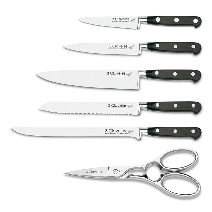 3 Claveles Forgé - Juego de 5 Cuchillos de Cocina y Tijeras. Taco ASH. Forjados en Caliente