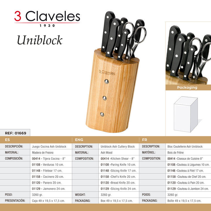 3 Claveles Uniblock - Juego de 5 Cuchillos Profesionales de Cocina con Tijeras y Taco ASH