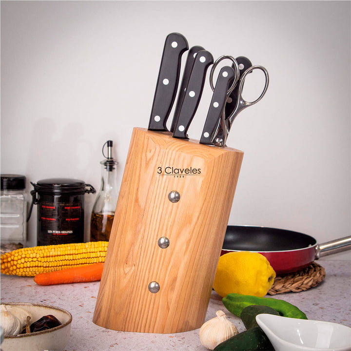 3 Claveles - Taco para Cuchillos de hasta 25 cm y Tijeras Universal ASH Madera de Fresno