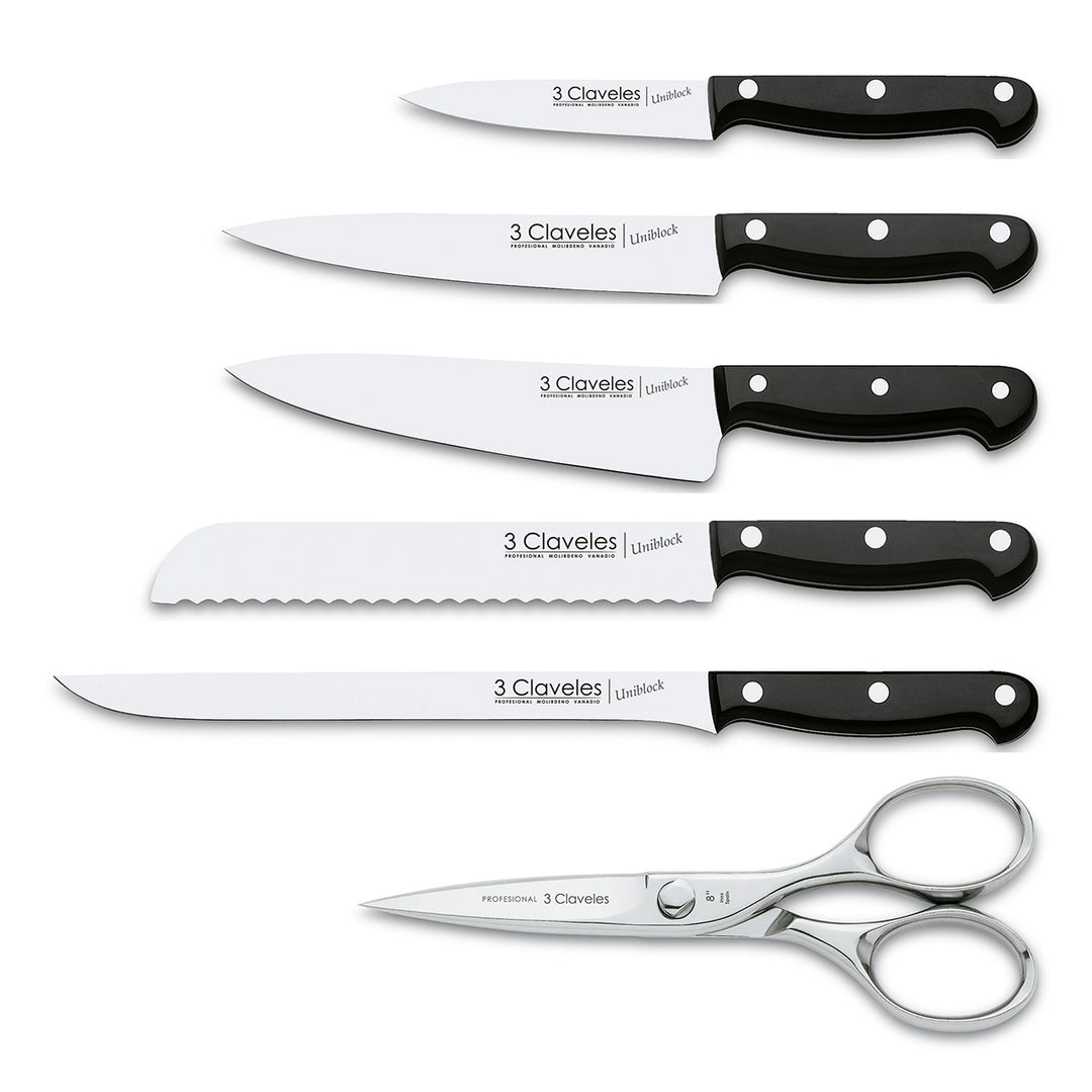 3 Claveles Uniblock - Juego de 5 Cuchillos Profesionales de Cocina con Tijeras y Taco ASH