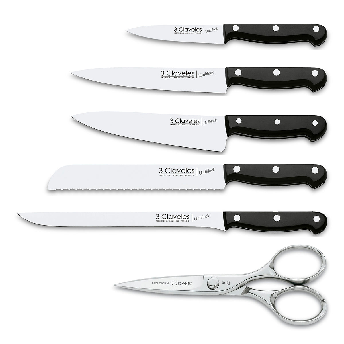 3 Claveles Uniblock - Juego de 5 Cuchillos Profesionales de Cocina con Tijeras y Taco ASH