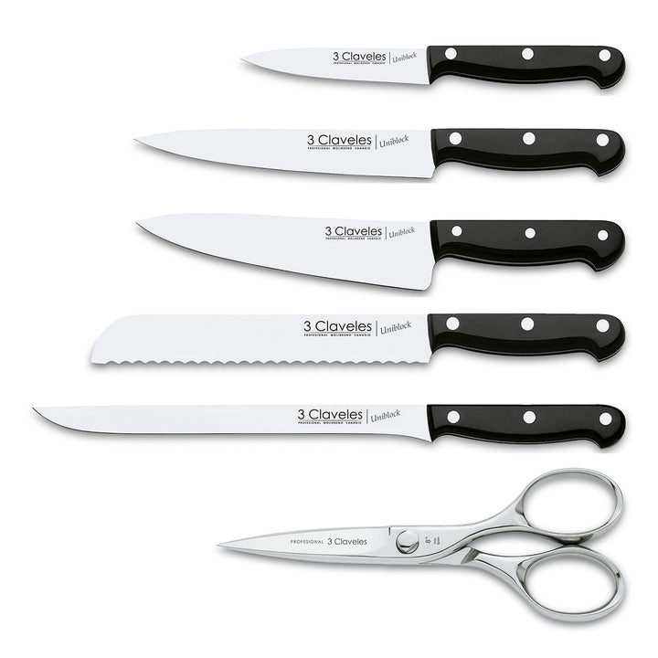 3 Claveles Uniblock - Juego de 5 Cuchillos Profesionales de Cocina con Tijeras y Taco ASH