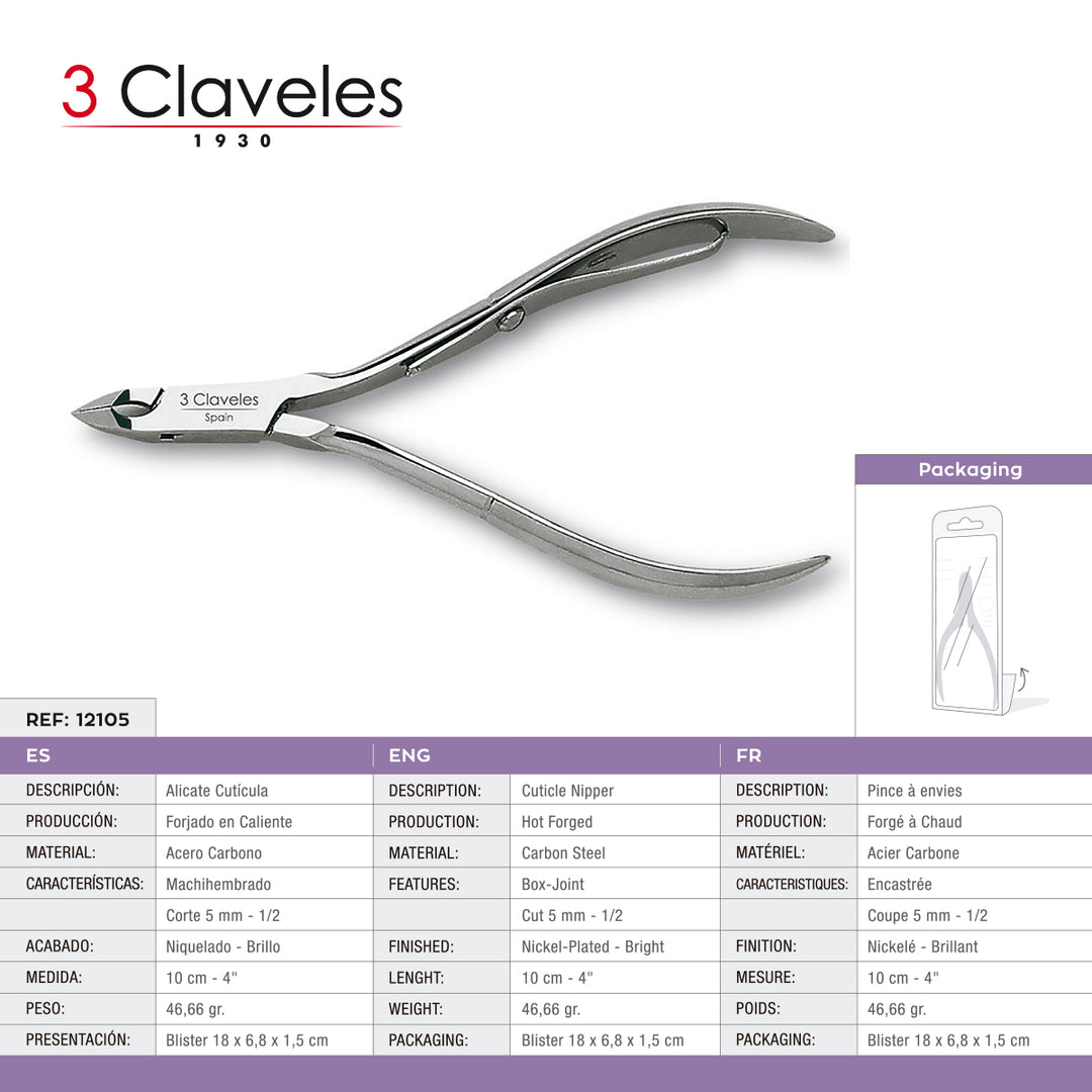 3 Claveles - Alicate Cutículas Mach. 10 cm Corte 5 mm. Acero al Carbono Forjado en Caliente