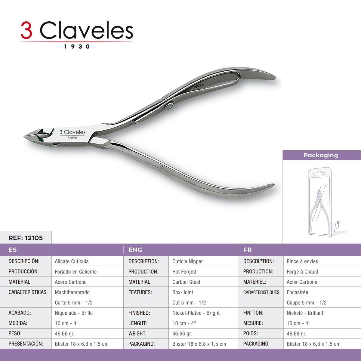 3 Claveles - Alicate Cutículas Mach. 10 cm Corte 5 mm. Acero al Carbono Forjado en Caliente