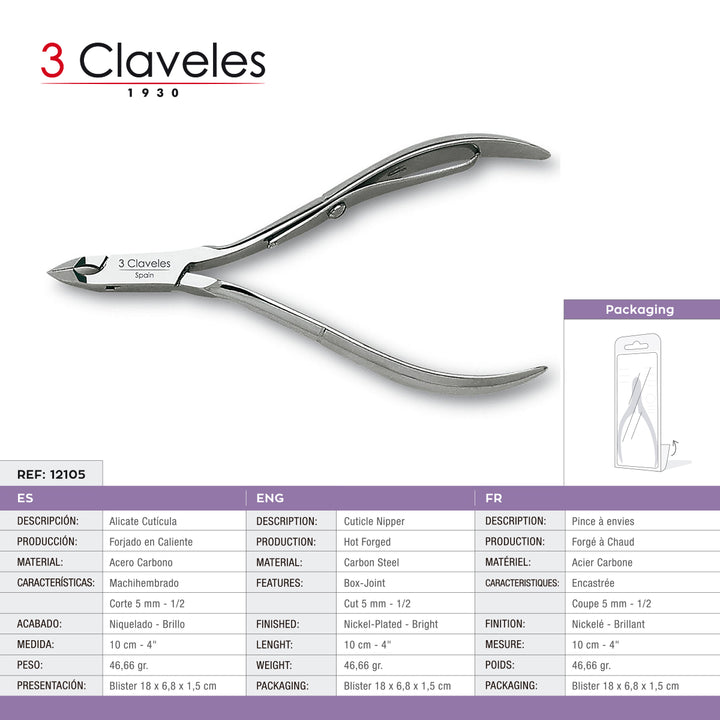 3 Claveles - Alicate Cutículas Mach. 10 cm Corte 5 mm. Acero al Carbono Forjado en Caliente