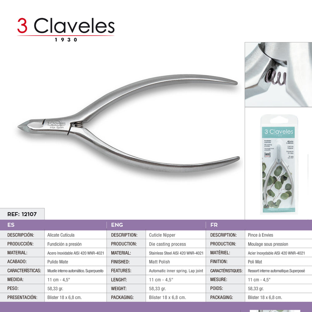 3 Claveles - Alicate Cutículas 11 cm Corte Recto. Acero Inoxidable Fundición a Presión