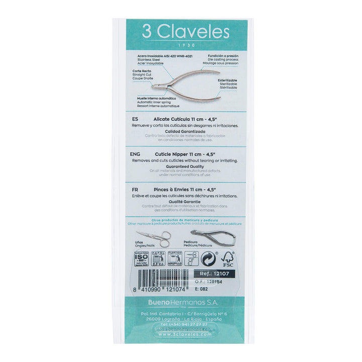 3 Claveles - Alicate Cutículas 11 cm Corte Recto. Acero Inoxidable Fundición a Presión
