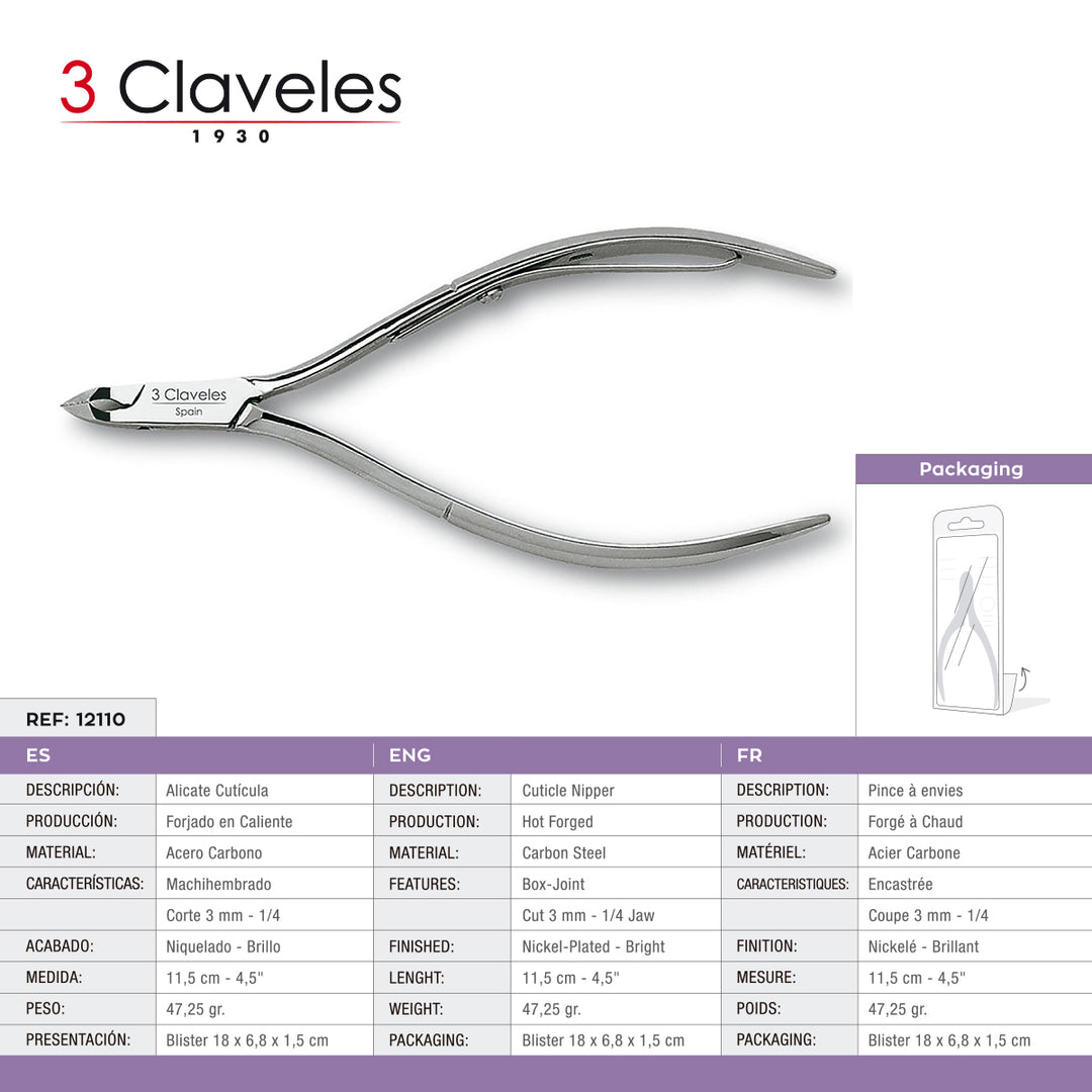 3 Claveles - Alicate Cutículas Mach. 11.5 cm Corte 3 mm. Acero al Carbono Forjado en Caliente