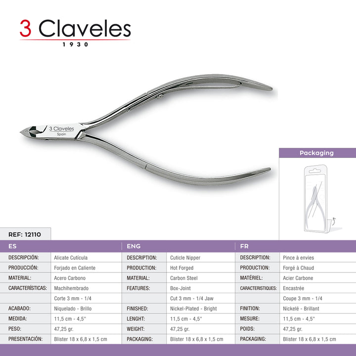 3 Claveles - Alicate Cutículas Mach. 11.5 cm Corte 3 mm. Acero al Carbono Forjado en Caliente