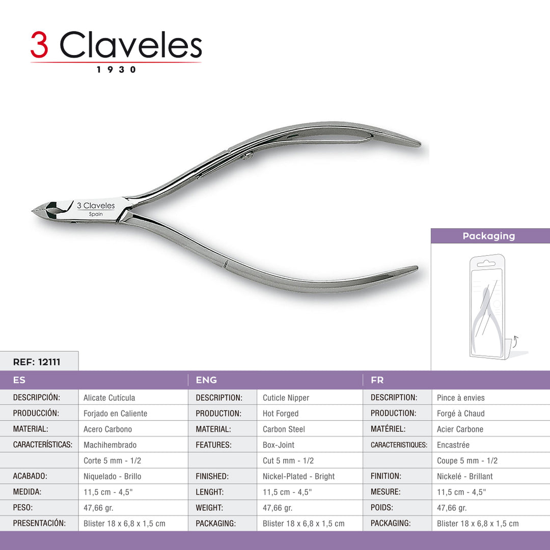 3 Claveles - Alicate Cutículas Mach. 11.5 cm Corte 5 mm. Acero al Carbono Forjado en Caliente