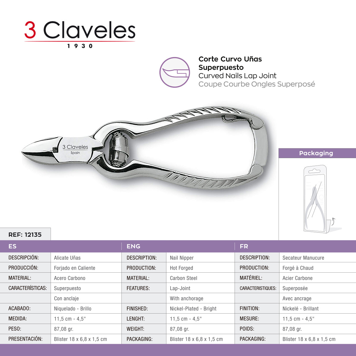3 Claveles - Alicate de Uñas Americano Curvo 11.5 cm. Acero al Carbono Forjado en Caliente