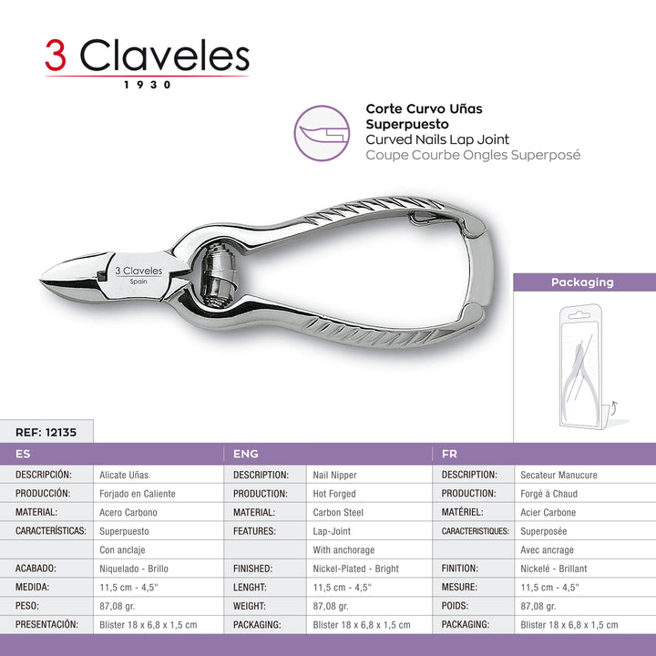 3 Claveles - Alicate de Uñas Americano Curvo 11.5 cm. Acero al Carbono Forjado en Caliente
