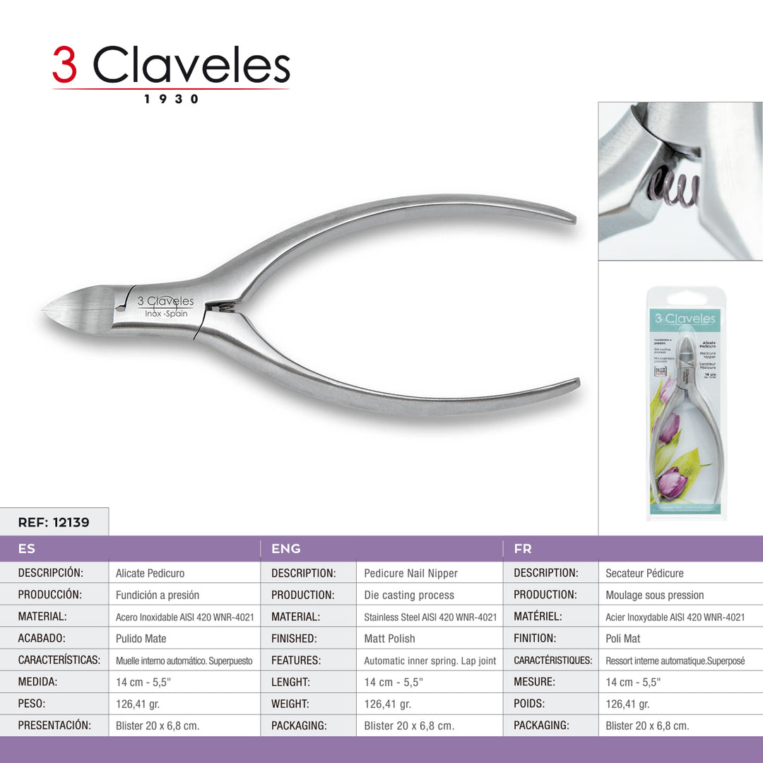 3 Claveles - Alicate Pedicuro 14 cm en Acero Inoxidable Fundición a Presión Pulido Mate