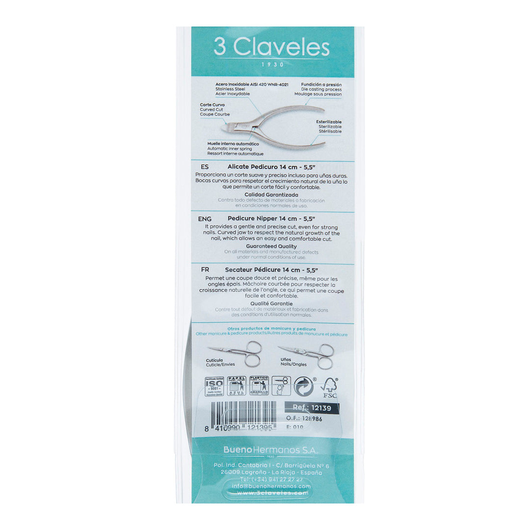 3 Claveles - Alicate Pedicuro 14 cm en Acero Inoxidable Fundición a Presión Pulido Mate