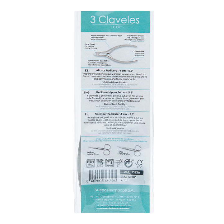 3 Claveles - Alicate Pedicuro 14 cm en Acero Inoxidable Fundición a Presión Pulido Mate