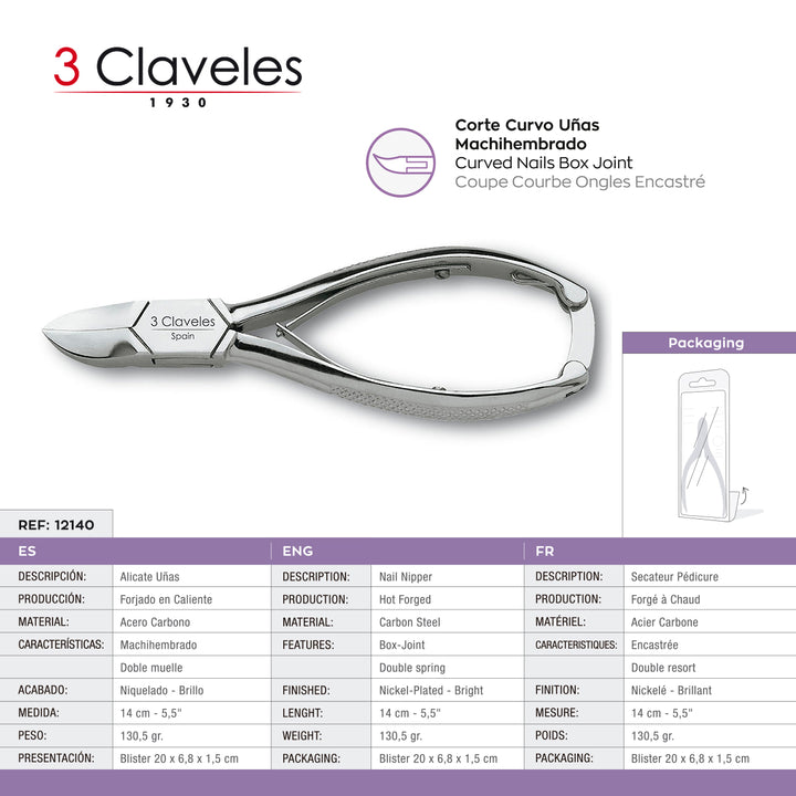 3 Claveles - Alicate Pedicuro Machihem. 14.5 cm en Acero al Carbono Forjado en Caliente