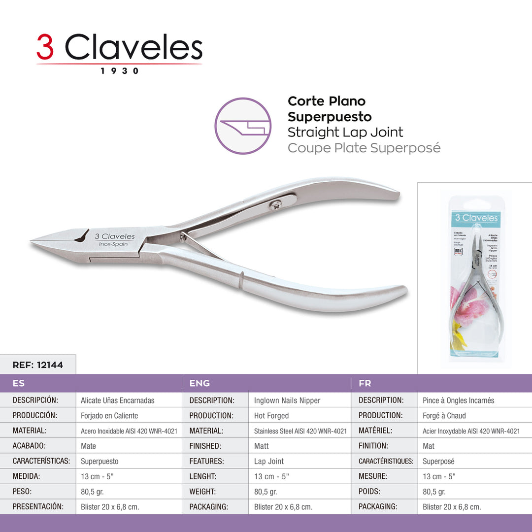 3 Claveles - Alicate Uñas Encarnadas 13 cm. Acero Inoxidable Forjado en Caliente