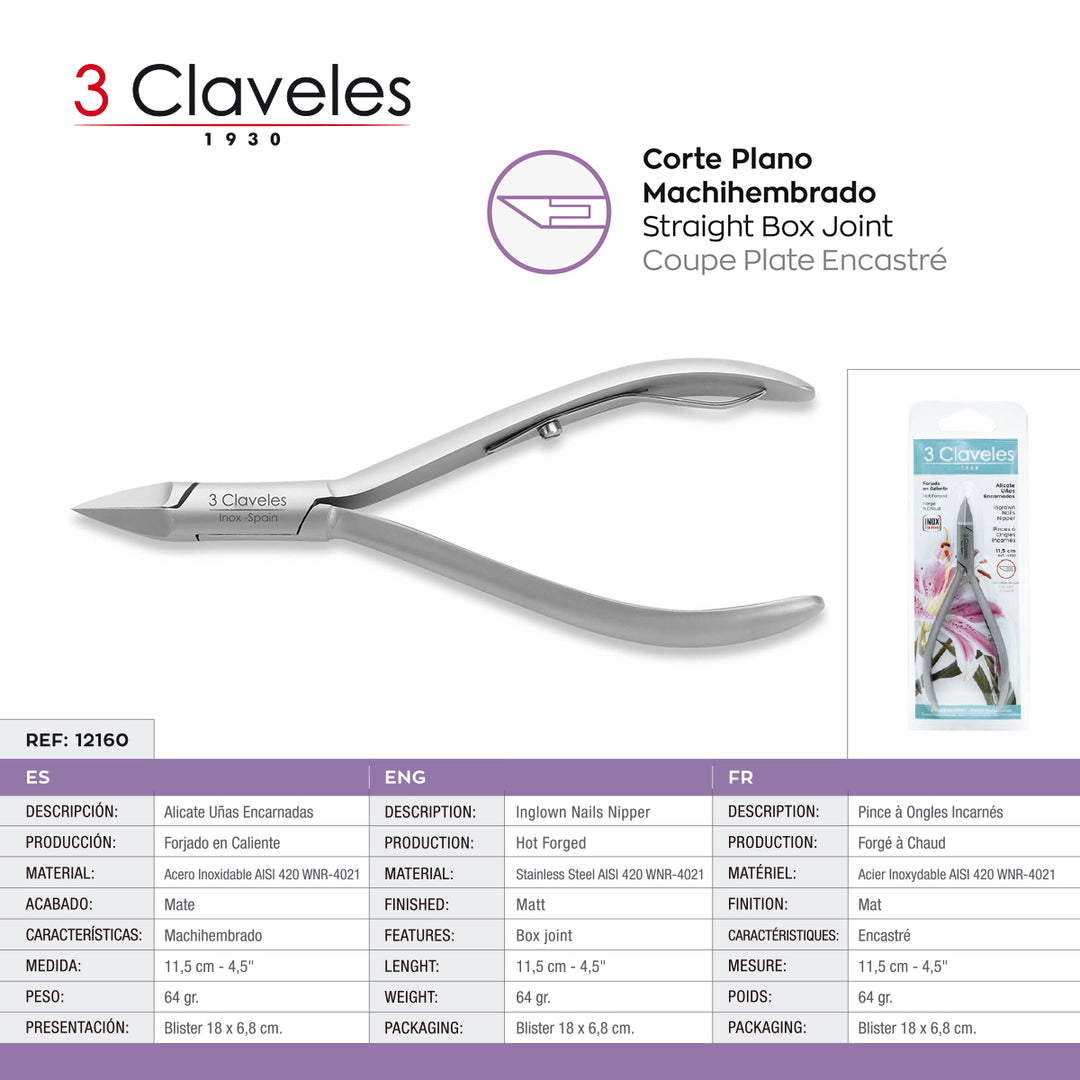 3 Claveles - Alicate Uñas Encarnadas Mach. 11.5 cm. Acero Inoxidable Forjado en Caliente