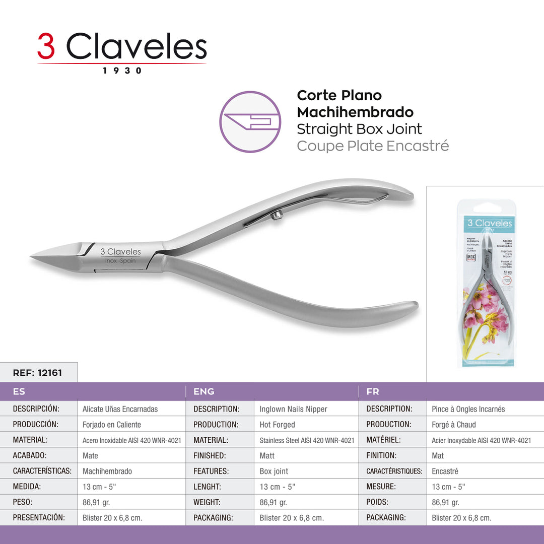 3 Claveles - Alicate Uñas Encarnadas Mach. 13 cm. Acero Inoxidable Forjado en Caliente