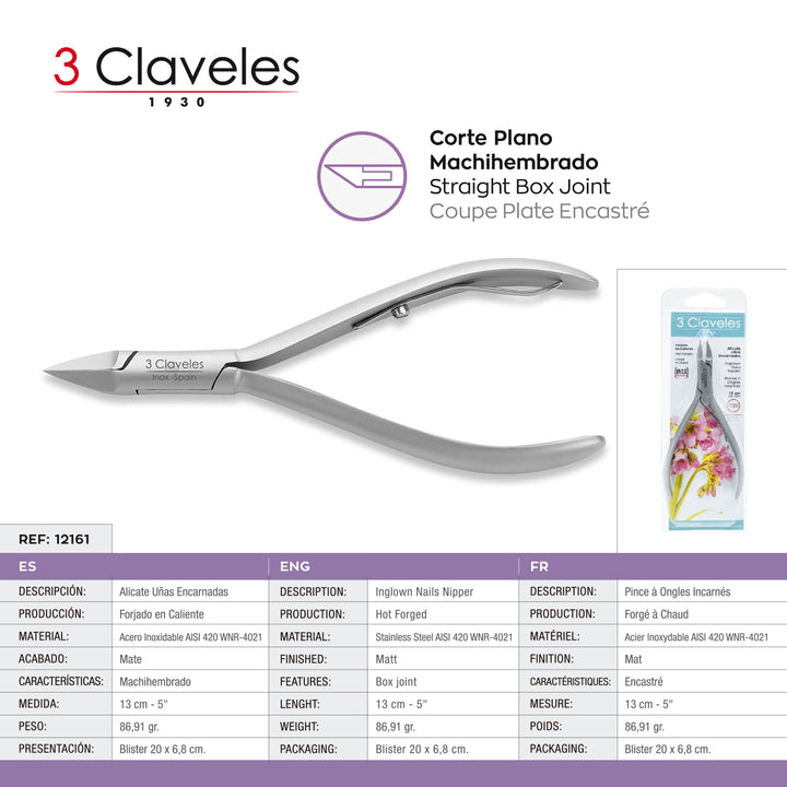 3 Claveles - Alicate Uñas Encarnadas Mach. 13 cm. Acero Inoxidable Forjado en Caliente