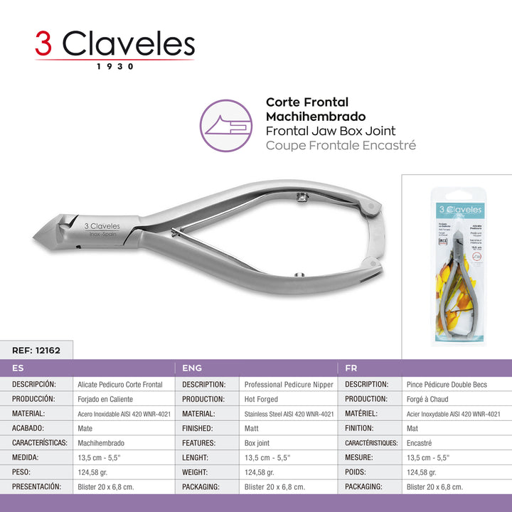 3 Claveles - Alicate Pedicuro de Corte Frontal Mach. 13.5 cm. Acero Inoxidable Forjado en Caliente